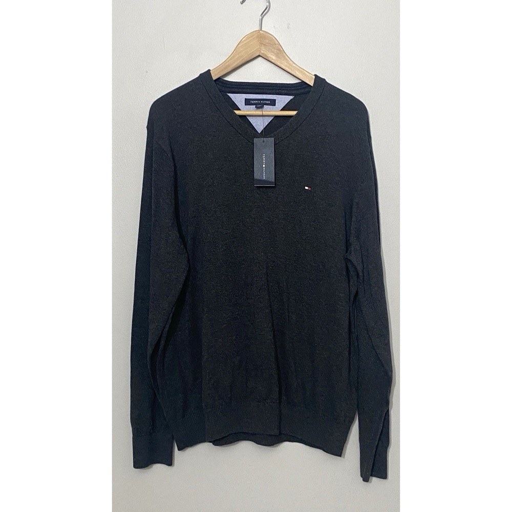 NWT Tommy Hilfiger Mens V-Neck Sweater XL Charcoal 100% Cotton Classic Preppy